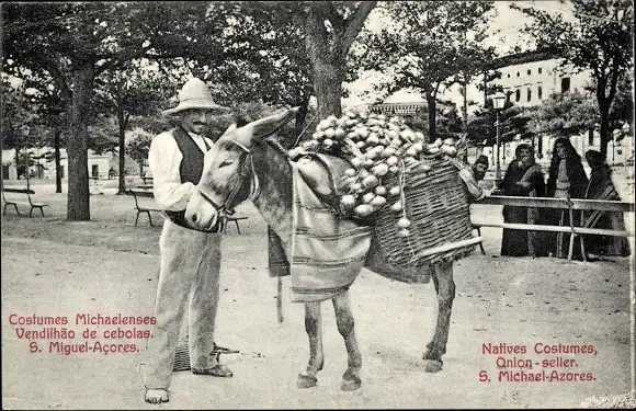 Ak Azoren Portugal, Mann in portugiesischer Tracht, Esel, Transport