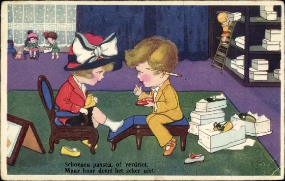 Ak Frau im Schuhladen, Schuhverkäufer