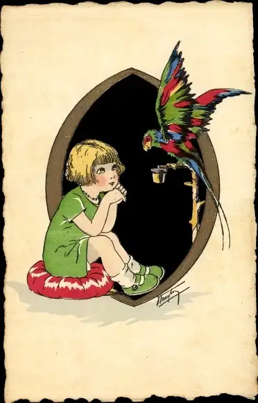 Künstler Ak Mädchen und Papagei, Kind-Portrait