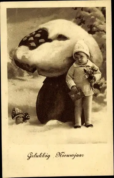 Ak Glückwunsch Neujahr, Kind, Pilze