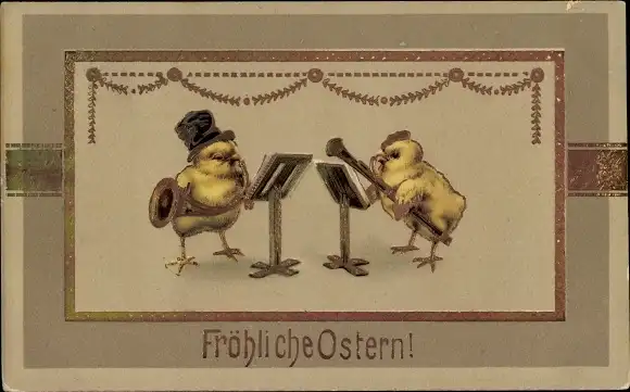 Ak Glückwunsch Ostern, Vermenschlichte Küken mit Musikinstrumenten