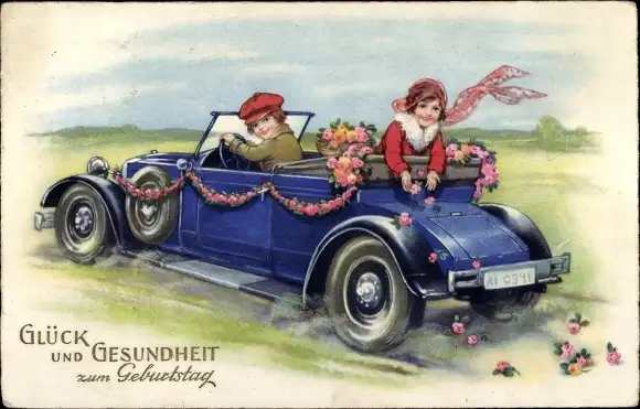 Ak Glückwunsch Geburtstag, Mit Blumen geschmücktes Automobil