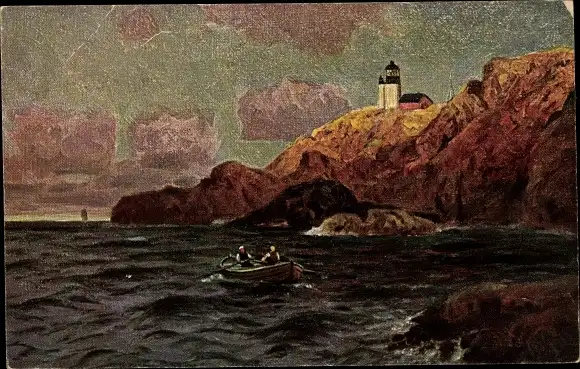 Künstler Ak Leuchtturm auf einem Felsen, Küstenpartie, Ruderboot