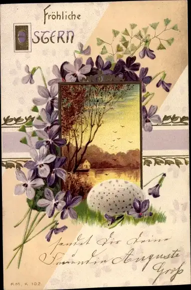 Präge Litho Glückwunsch Ostern, Landschaft, Osterei, Veilchen