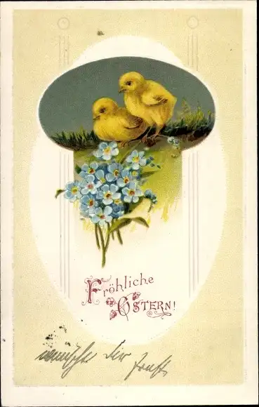 Ak Glückwunsch Ostern, Zwei Küken, Vergissmeinnichtblüten