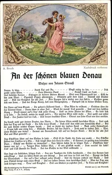 Künstler Lied Ak Broch, A., An der schönen blauen Donau, Walzer von Johann Strauß