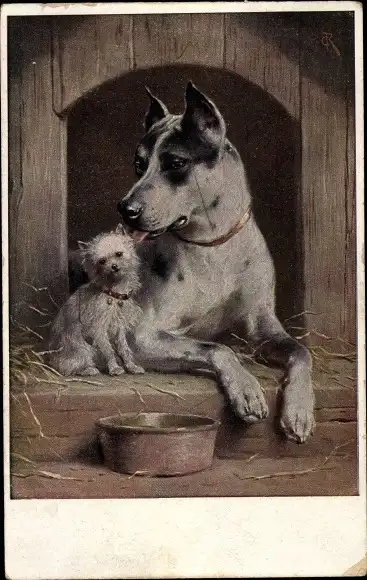 Ak Großer und kleiner Hund in einer Hundehütte