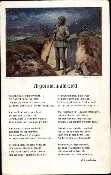 Lied Künstler Ak Broch, A., Argonnerwald Lied, Deutscher Soldat mit Schaufel, Schützengraben