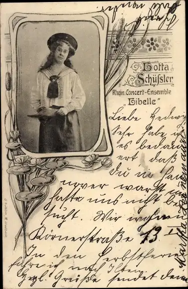 Jugendstil Passepartout Ak Sängerin Lotta Schüssler, Rhein. Concert-Ensemble Libelle, Portrait