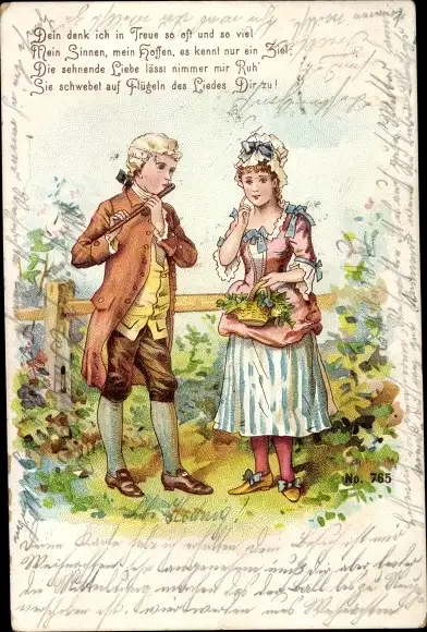 Litho Liebespaar, Mann spielt Flöte, Dein denk ich in Treue so oft
