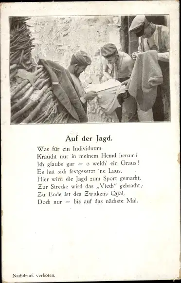 Gedicht Ak Auf der Jagd, Soldaten suchen Läuse, I WK