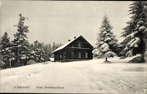 Ak Ilmenau in Thüringen, Altes Gabelbachhaus, Winter