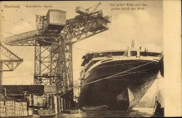 Ak Hamburg Mitte Steinwerder Kuhwerder, Hafen, Kran aus der Werft von Blohm & Voss, HAPAG Dampfer