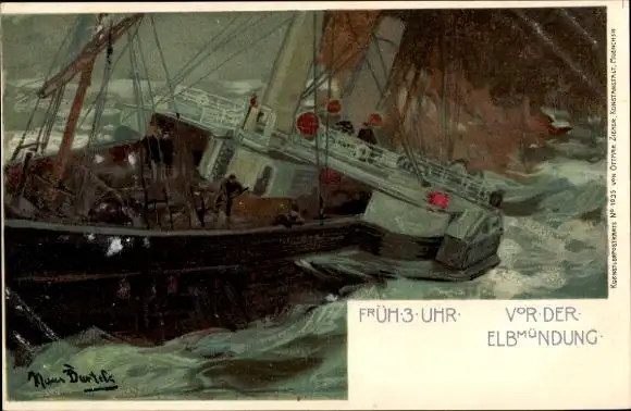 Künstler Ak Früh drei Uhr vor der Elbmündung, Dampfschiff im Sturm