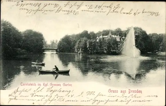 Ak Dresden Altstadt, Königlicher Großer Garten, Carolateich, Ruderboote, Wasserspiel