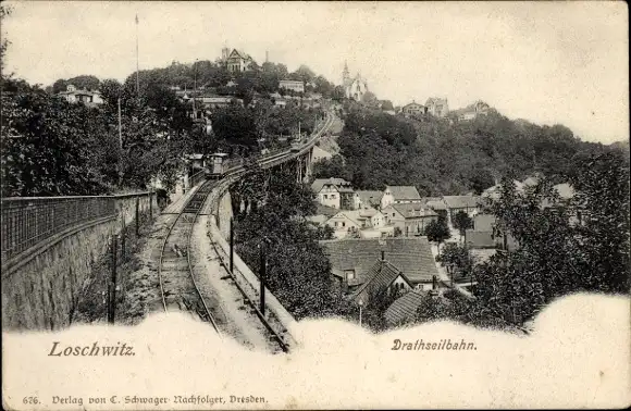 Ak Dresden Loschwitz, Teilansicht, Drahtseilbahn