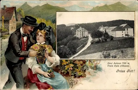 Präge Ak Trois Épis Drei Ähren Elsass Haut Rhin, Gesamtansicht, Leiebspaar, Elsässer Tracht