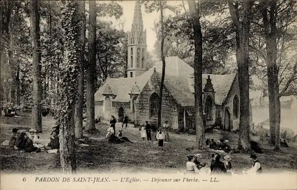 Ak Saint Jean du Doigt Finistère, Kirche, Dejeuner sur l'herbe