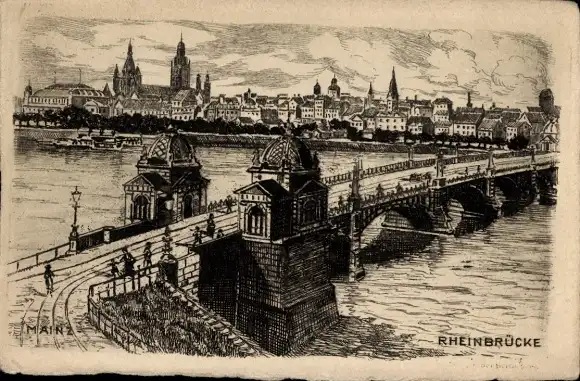 Künstler Ak Mainz am Rhein, Rheinbrücke