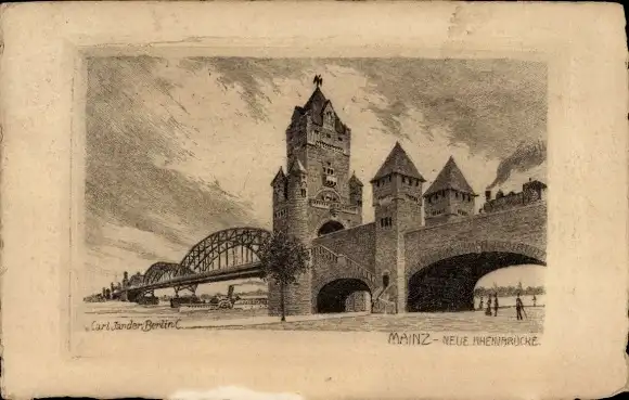 Künstler Ak Mainz am Rhein, Rheinbrücke