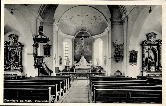 Ak Obernburg am Main Unterfranken, Pfarrkirche, Innenraum, Kanzel, Altar