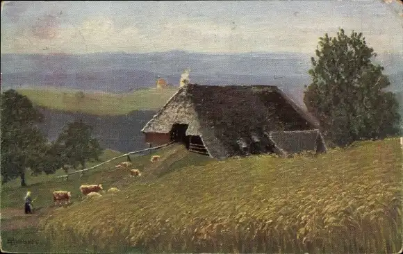 Künstler Ak Bauernhaus, Kühe, Panorama