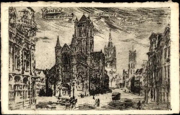 Künstler Ak Gand Gent Ostflandern, Eglise S. Nicolas, Beffroi, Eglise S. Bavon