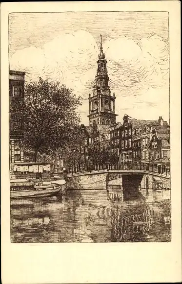Künstler Ak Amsterdam Nordholland Niederlande, Brücke, Kirche
