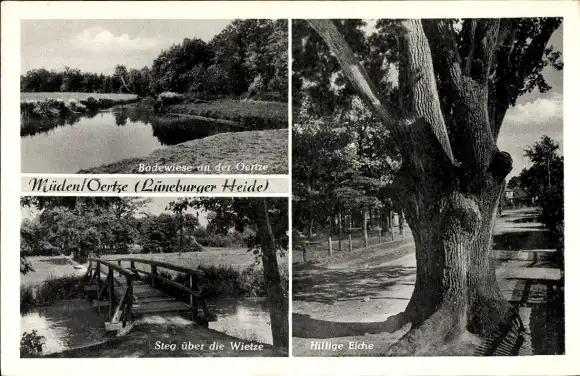 Ak Müden Örtze Faßberg Lüneburger Heide, Badewiese, Steg über die Wietze, Hillige Eiche