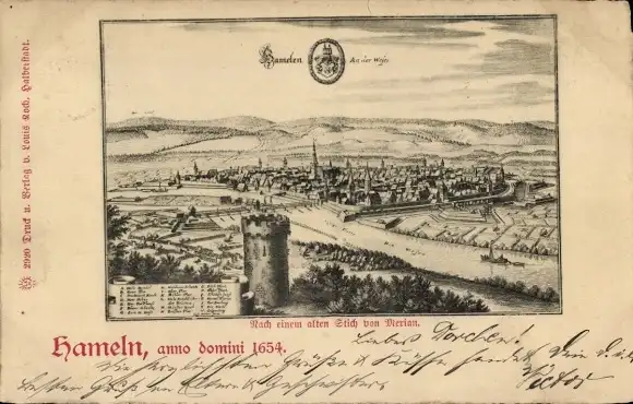 Künstler Ak Merian, Hameln an der Weser Niedersachsen, Stadtansicht anno 1654