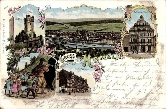 Litho Hameln an der Weser Niedersachsen, Rattenfänger Haus, Klütturm, Hochzeitshaus, Totalansicht