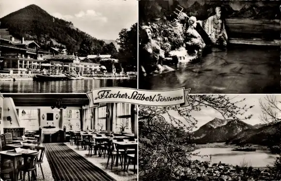 Ak Schliersee in Oberbayern, Fischer Stüberl, Strand-Café, Gaststätte, Speiseraum, Panorama