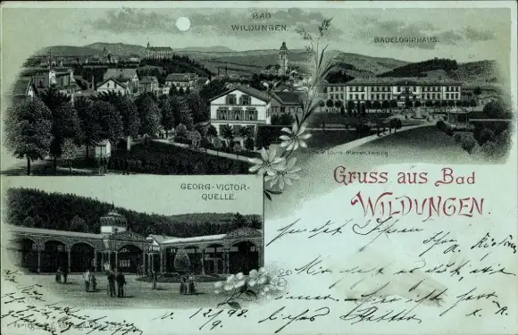 Mondschein Litho Bad Wildungen in Hessen, Badelogirhaus, Georg-Victor-Quelle