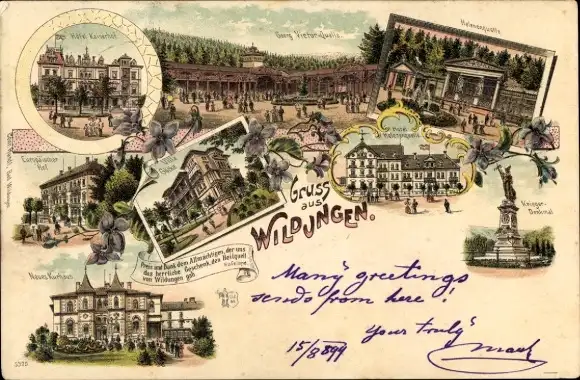 Litho Bad Wildungen in Hessen, Hotel Kaiserhof, Georg Viktor Quelle, Helenenquelle, Villa Göcke