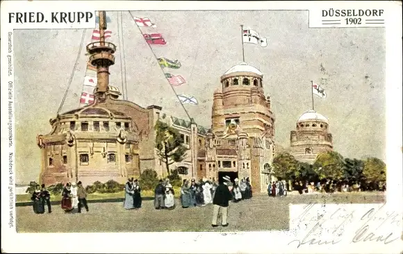 Ak Düsseldorf, Gewerbeausstellung 1902, Pavillon Fried. Krupp, Flaggen aller Nationen