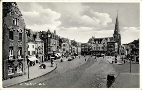 Ak Mönchengladbach, Markt mit Geschäftshäusern, Blick zur Kirche