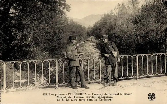 Ak Puigcerda Katalonien, Grenzposten, internationale Brücke