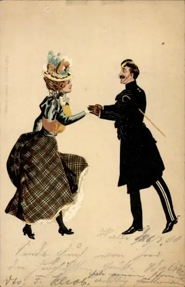Litho Liebespaar, Frau mit Hut, Mann in Uniform, Schwarzer Mantel