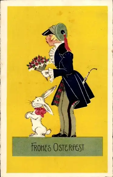 Ak Glückwunsch Ostern, Student mit Blumenstrauß, weißer Hase