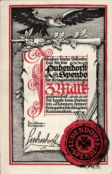 Ak Urkunde, Ludendorff-Spende, 3 Mark, Reichsadler, Quittung
