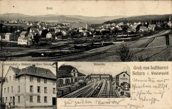 Ak Selters im Westerwald, Gesamtansicht, Gastwirtschaft und Bäckerei Ernst Schnug, Bahnhöfe