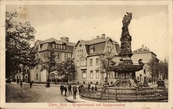 Ak Düren im Rheinland, Kriegerdenkmal, Realgymnasium