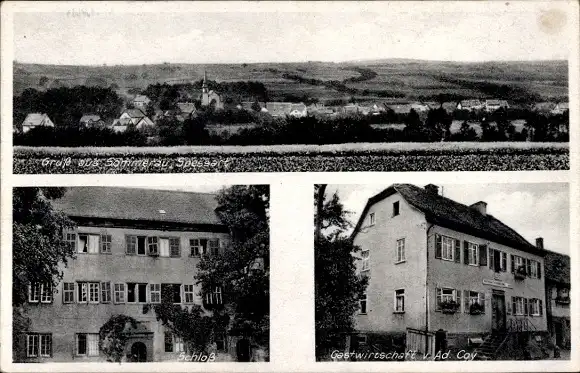 Ak Sommerau Eschau im Spessart, Panorama, Schloss, Gastwirtschaft Ad. Coy