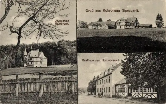 Ak Rohrbrunn Weibersbrunn im Spessart, Jagdschloss, Gasthaus zum Hochspessart, Panorama