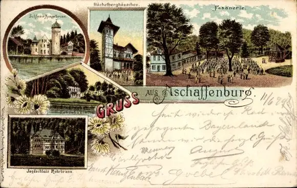 Litho Aschaffenburg in Unterfranken, Jagdschloss Rohrbrunn, Fasanerie, Schloss Mespelbrunn