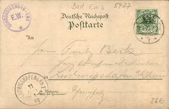 Litho Bad Ems an der Lahn, Concordiaturm, Restaurant, Panorama