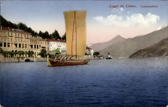 Ak Cadenabbia Lago di Como Lombardia Italien, Teilansicht, Segelboot