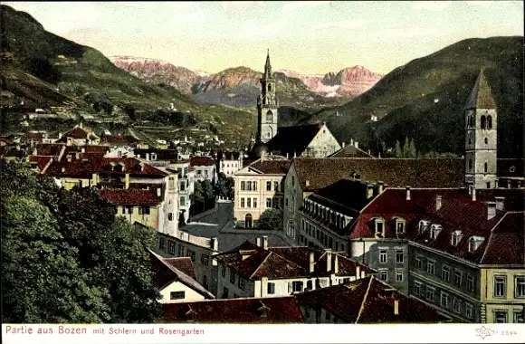 Ak Bozen Bolzano Südtirol, Gesamtansicht, Schlern, Rosengarten