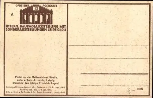 Ak Leipzig in Sachsen, Intern. Baufachausstellung 1913, Portal a. d. Reitzenhainer Str., Standbild