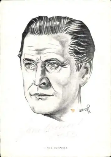 Künstler Ak Wassi, Schauspieler Hans Söhnker, Portrait, Autogramm, Karikatur
